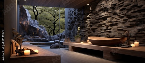 A building with an elegant bathroom featuring a sink made of hardwood, with a plant and a waterfall in the background