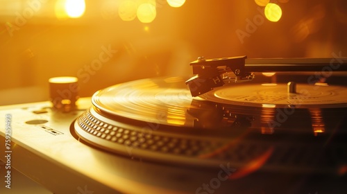 Close up old turntable playing music of black vinyl in golden light blur background. AI generated photo