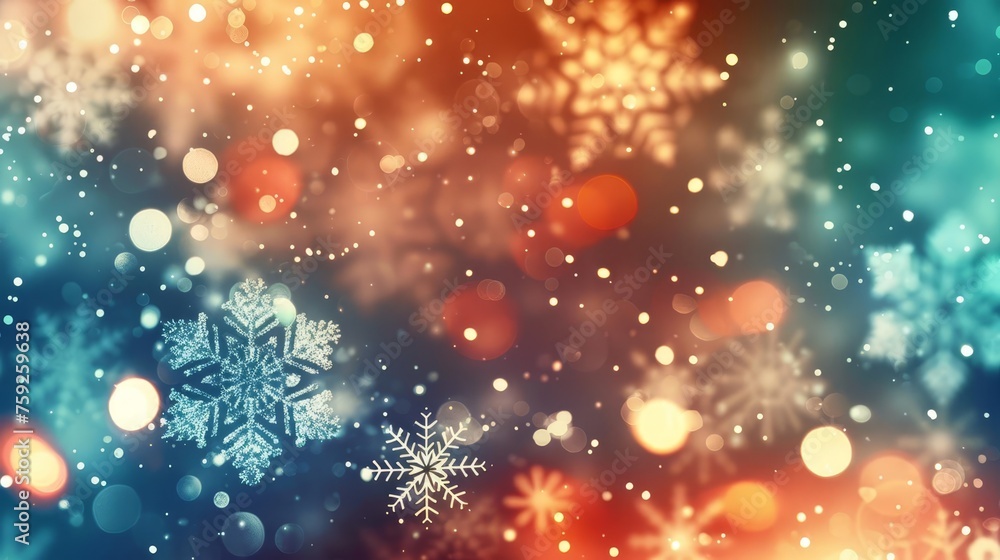 Abstract festive Christmas background with bokeh lights and snowflakes, holiday season wallpaper illustration Abstract festive Christmas background with bokeh lights and snowflakes, holiday season wallpaper illustration