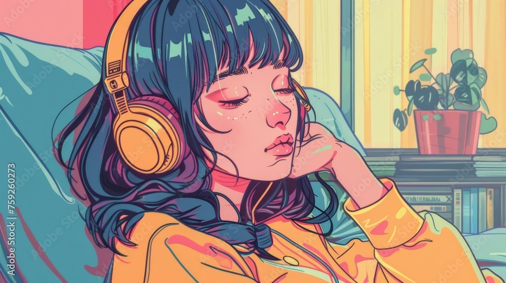 Charming Anime Girl Wearing Headphones and Enjoying Lo-fi Hip Hop Music, Relaxing Manga Cartoon Drawing Illustration Charming Anime Girl Wearing Headphones and Enjoying Lo-fi Hip Hop Music, Relaxing Manga Cartoon Drawing Illustration