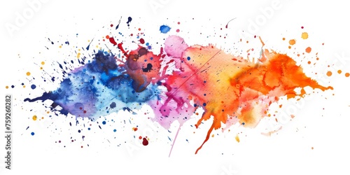 Explosive watercolor splash of blue, red, and orange hues, depicting a vibrant, abstract artistic celebration on white.