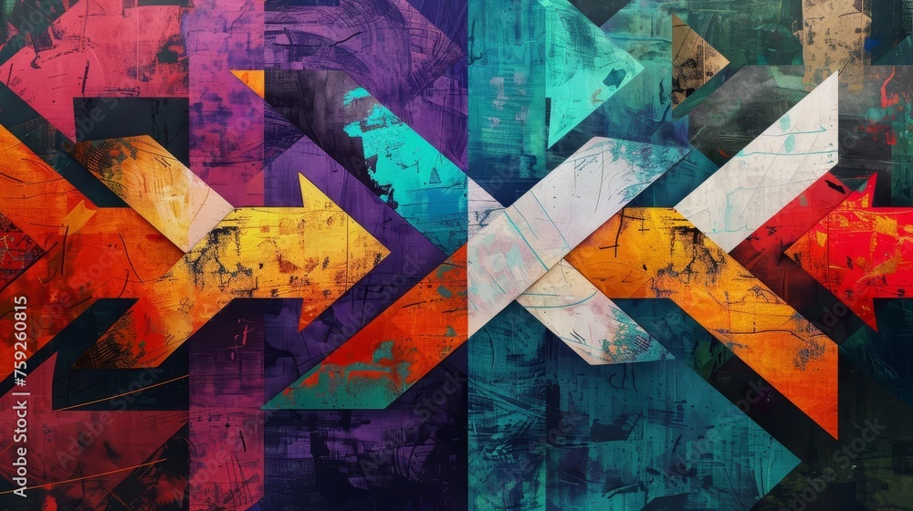 Dynamic arrows pointing in various directions, a thought-provoking digital painting symbolizing life's choices and decision-making challenges - obrazy, fototapety, plakaty 