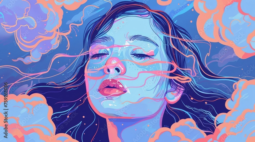 Ethereal Girl's Face Transcending Reality in Surreal Dreamscape Illustration