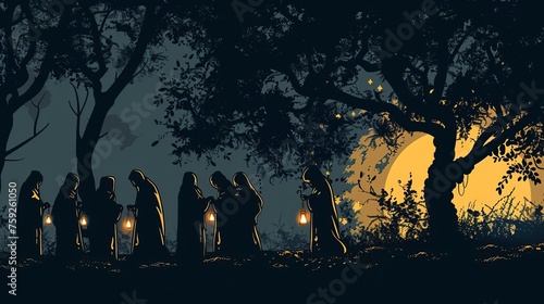 Evocative silhouette illustration depicting the parable of the ten virgins waiting with their lamps, a powerful biblical story photo