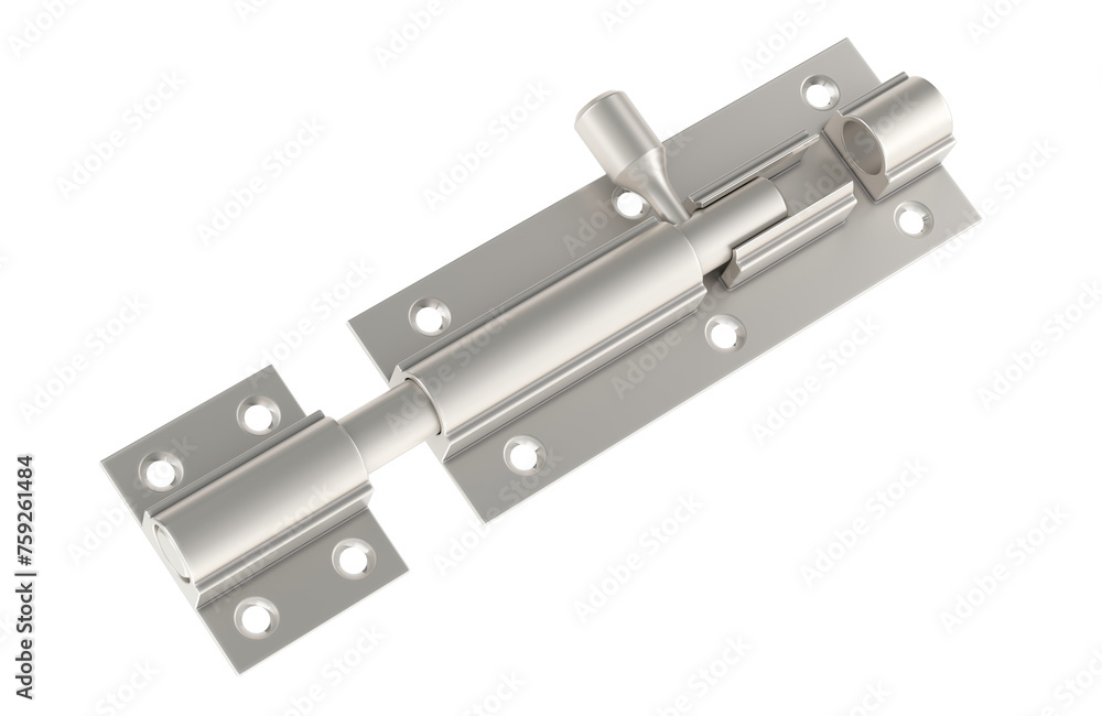 Hasp door latch with padlock hole. Door Barrel Bolt. 3D rendering isolated on transparent background Hasp door latch with padlock hole. Door Barrel Bolt. 3D rendering isolated on transparent background