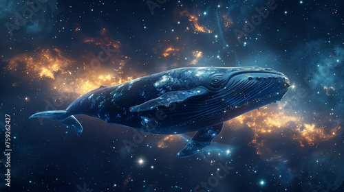 Space background  big whale swimming in space on the background of the universe with twinkling stars  screensaver for meditation  relaxation