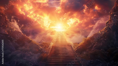 Stairway leading to heaven in a glorious light, gates of Paradise, meeting God, symbol of Christianity, digital painting