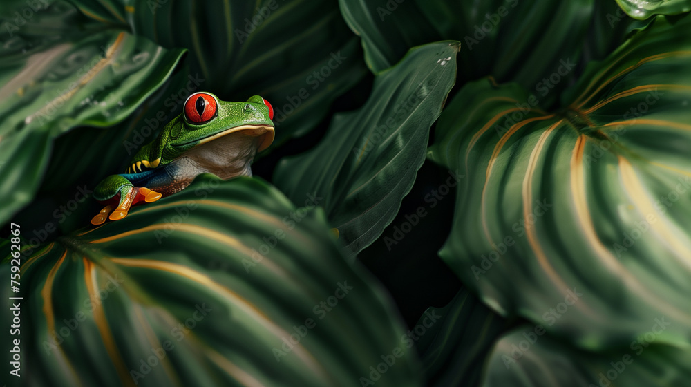 Curious red eyed tree frog hiding in green background leafs Agalychnis ...