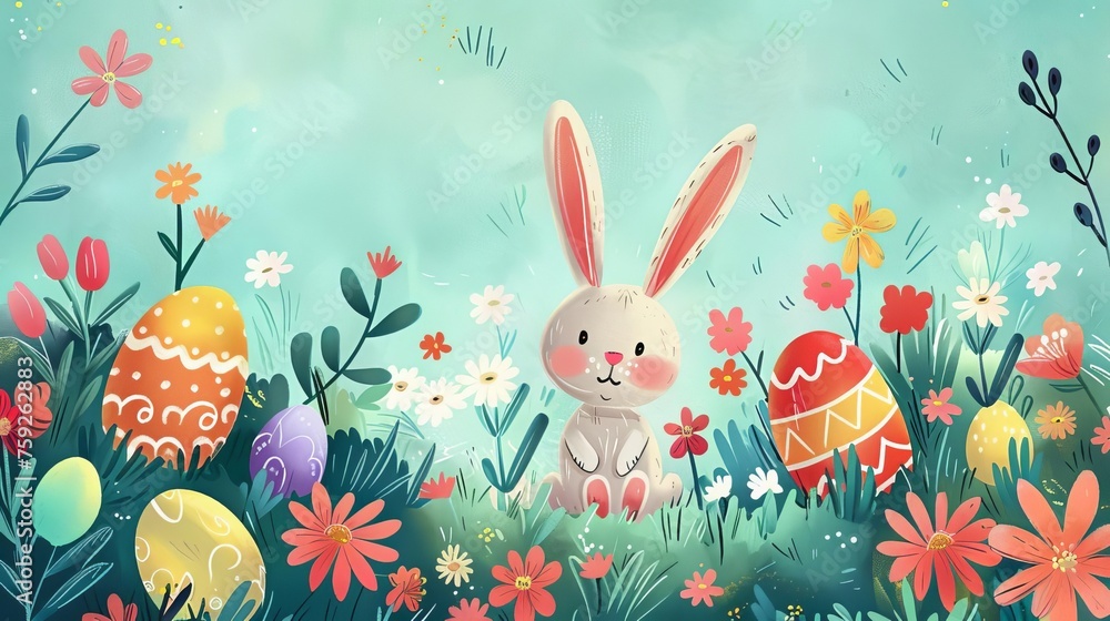 Obraz premium Whimsical Spring-Themed Digital Illustration Featuring Colorful Easter Eggs, Playful Bunnies, and Blooming Flowers, Creating a Festive and Joyful Holiday Background