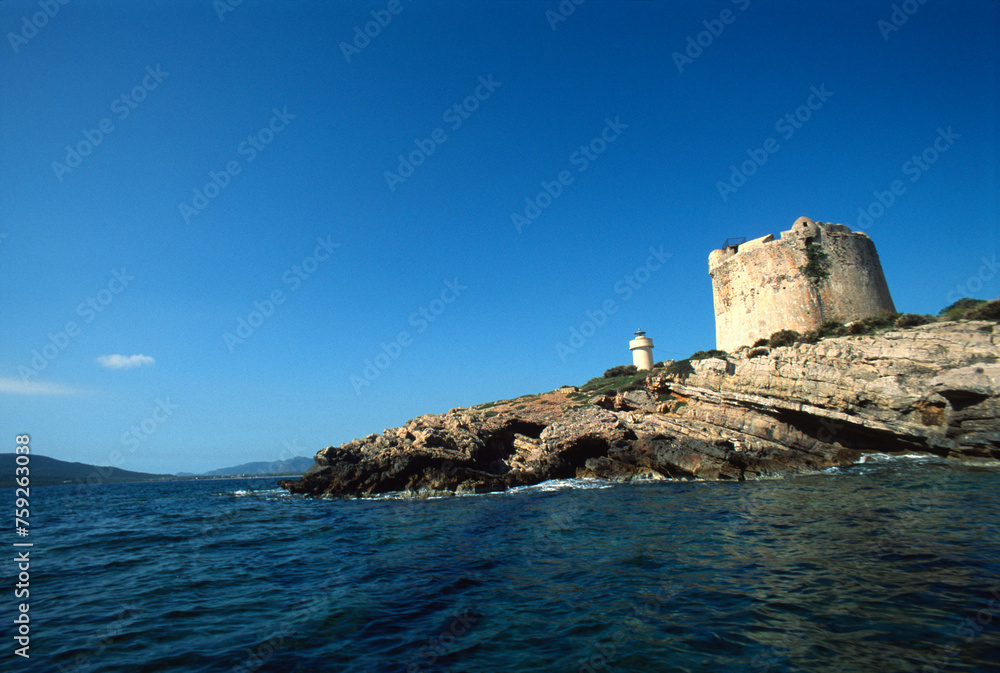 Lighthouse and Tower of Porto Conte. Alghero. Sardinia. Italy. Capo Caccia Marine Park