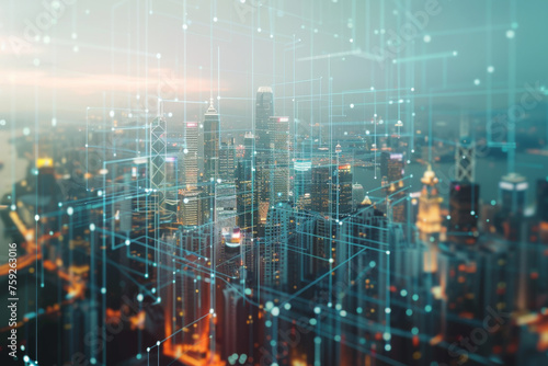 Smart city technology in the form of pixels with lines that connect with the city in a unique way. 