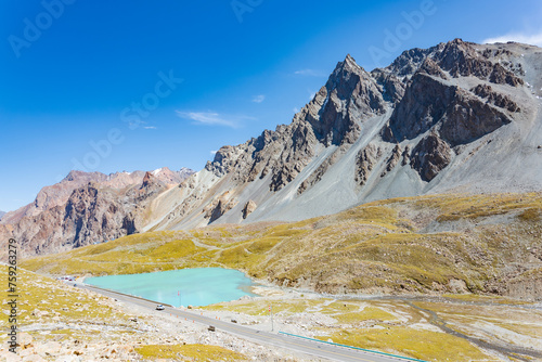 Beautiful scenery of snow-capped mountains and lakes along the Duku Highway in Xinjiang, China photo