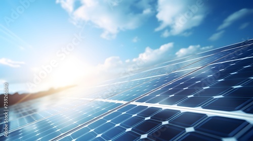 Solar panels on sunset sky background, green clean energy concept