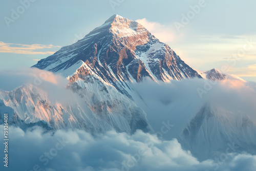 snow-covered mountains Mount Everest in the clouds, generative AI