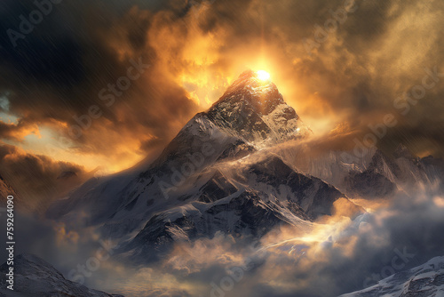snowy mountains Mount Everest in the clouds in cloudy weather, generative AI
