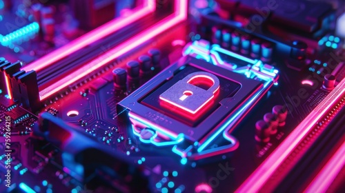 Digital secure connection with padlock on motherboard computer with neon lights. AI generated image photo