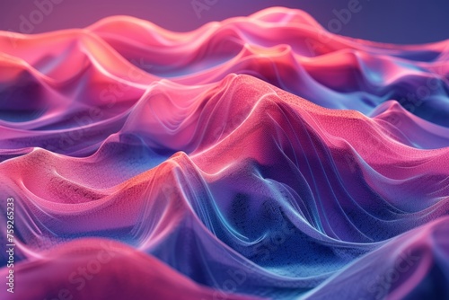 A colorful, abstract image of a pink and blue ocean with mountains in the background. The waves are wavy and the mountains are tall and jagged. Scene is one of serenity and tranquility