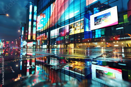 3D Rendering of billboards and advertisement signs at modern buildings in capital city with light reflection from puddles on street.  photo