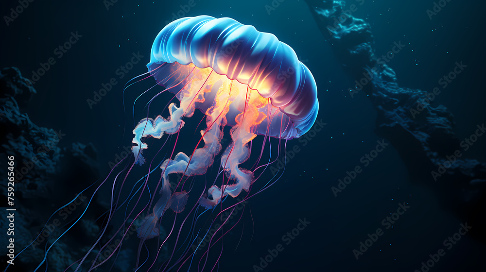 Fototapeta premium Glowing jellyfish swim deep in the ocean