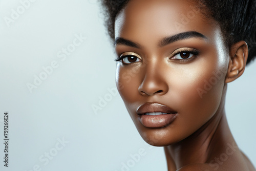beautiful black woman in full makeup on white background for cosmetics, massage and beauty industry advertisements, generative AI © Paulina