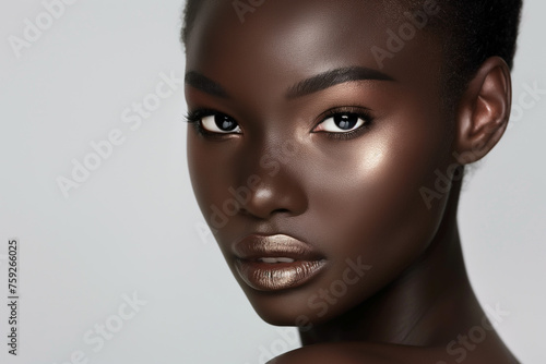 beautiful black woman in full makeup on white background for cosmetics, massage and beauty industry advertisements, generative AI © Paulina