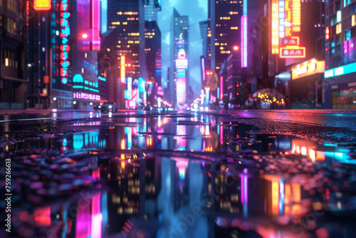 3D Rendering of neon mega city with light reflection from puddles on street heading toward buildings. 