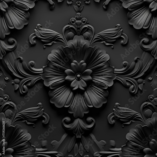 Ornate Black Flowers Seamless Pattern, Endless Carved Floral 3d Ornament, Dark Flowers Tile
