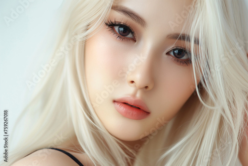 beautiful blonde hair asian woman in full makeup on white background for advertisements from the cosmetics, massage and beauty industry, generative AI