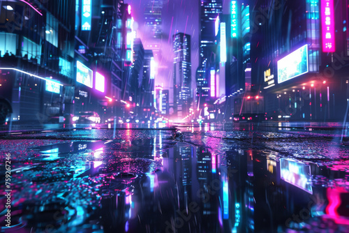 3D Rendering of neon mega city with light reflection from puddles on street heading toward buildings.  photo