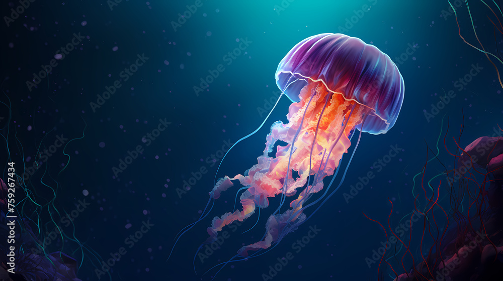 Naklejka premium Glowing jellyfish swim deep in the ocean