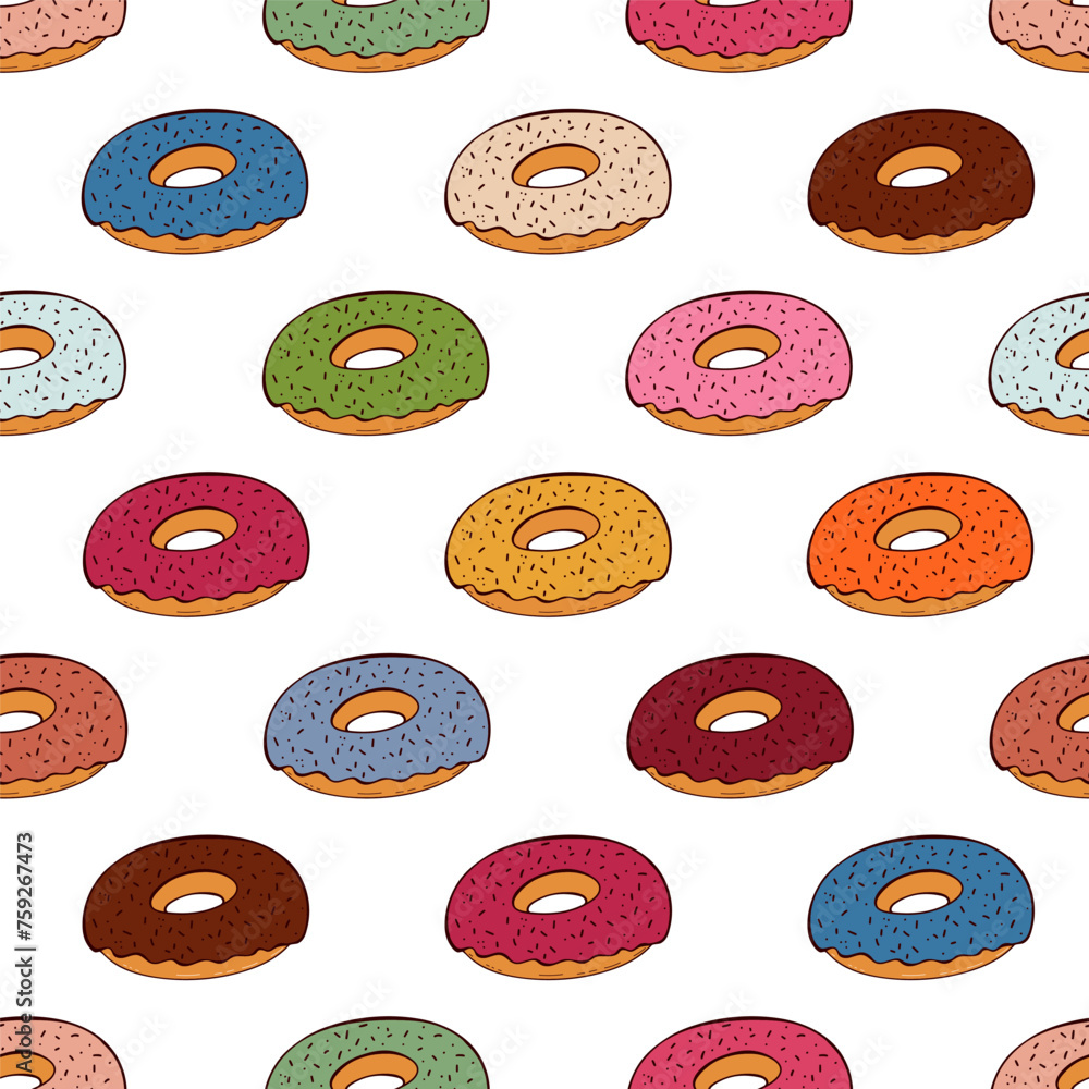 Seamless pattern with fresh baked glazed donuts in doodle sketch style ...