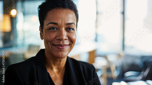 Professional black female lawyer in a modern office setting. Generative AI image photo