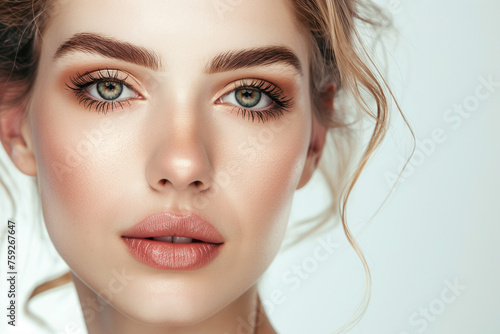 beautiful blonde hair woman in full makeup on white background for advertisements from the cosmetics, massage and beauty industry, generative AI