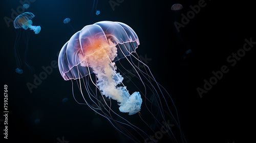 Glowing jellyfish swim deep in the ocean