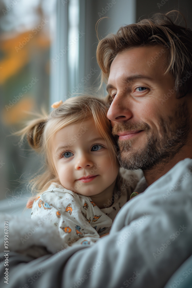 Tender dad and daughter moment by the window. Generative AI image Tender dad and daughter moment by the window. Generative AI image