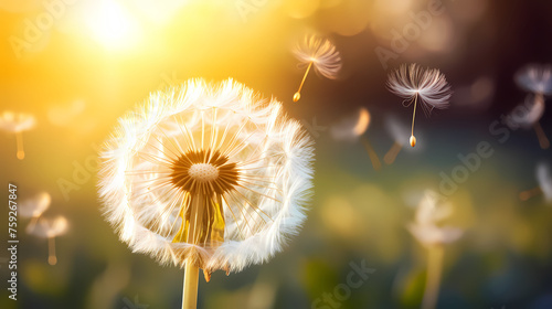 Dandelions in the sun, seeds fluttering in the wind