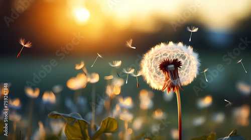 Dandelions in the sun  seeds fluttering in the wind