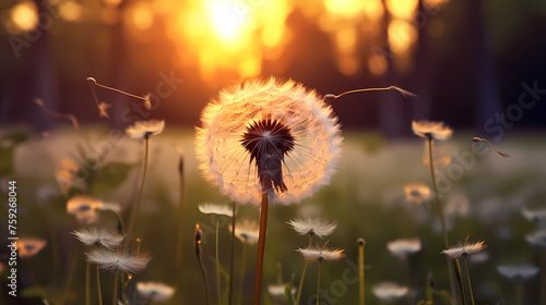 Dandelions in the sun  seeds fluttering in the wind