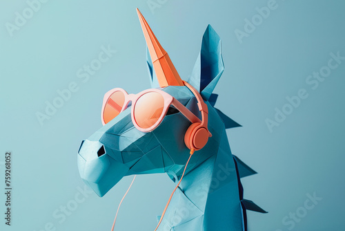 Trendy polygonal unicorn with sunglasses and headphones. Generative AI image photo