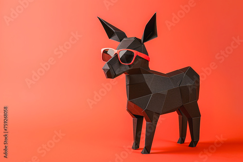 Geometric paper dog with sunglasses on orange backdrop. Generative AI image photo