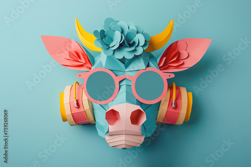 Colorful paper craft cow head with stylish glasses. Generative AI image photo