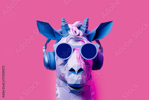Unique unicorn sculpture with headphones on pink background. Generative AI image photo