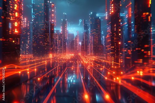 Abstract speed light flow through the city with gradient and aesthetic Intricate lighting design Smart city and big data connection technology concept. 
