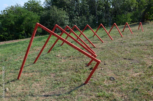 red geometric sculpture in the meadow