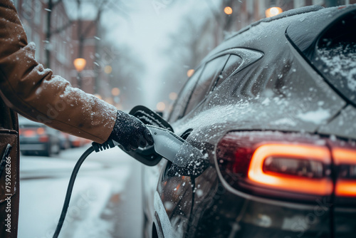 Winter Electric Car Charging in Urban Setting. Generative AI image photo
