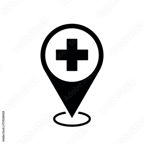 hospital location map pointer, cross icon with location pin, black symbol isolated on white background, vector marker, first aid sign