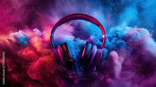 Headphone with vibrant colorful smoke dust splashes concept. AI generated image