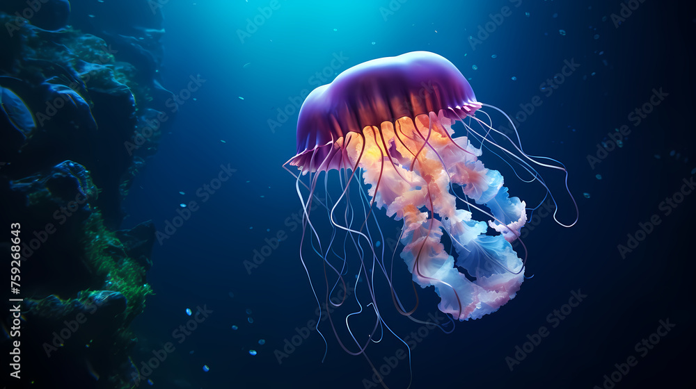 Naklejka premium Glowing jellyfish swim deep in the ocean