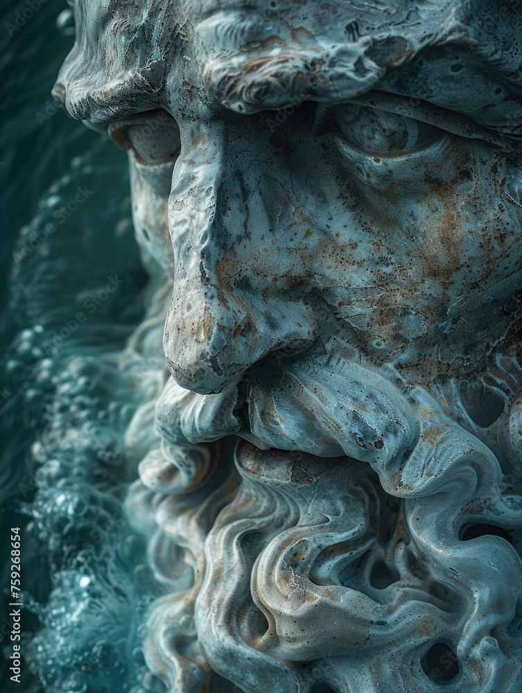 Detailed view of an ancient god statue with a beard.