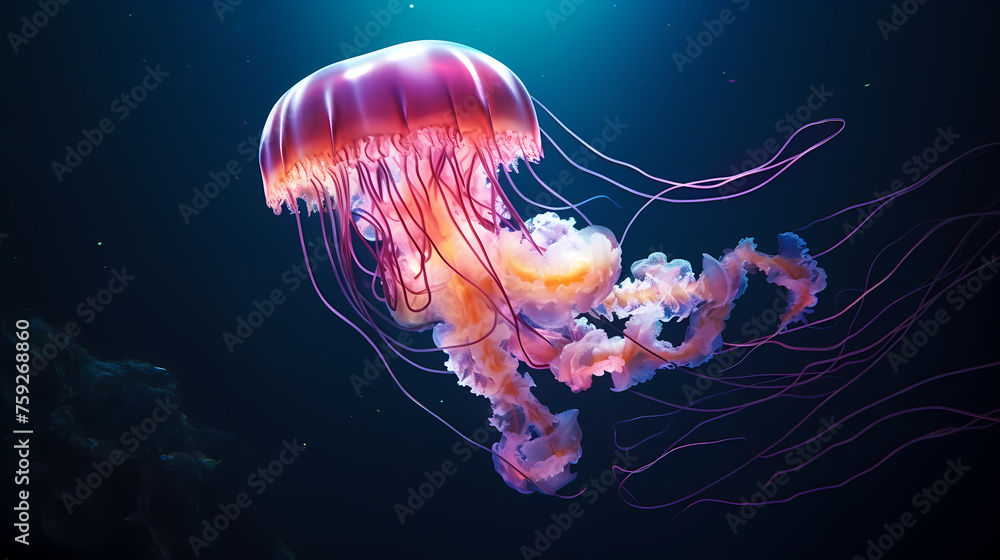 Underwater world concept, beautiful purple glowing jellyfish in the depths Underwater world concept, beautiful purple glowing jellyfish in the depths